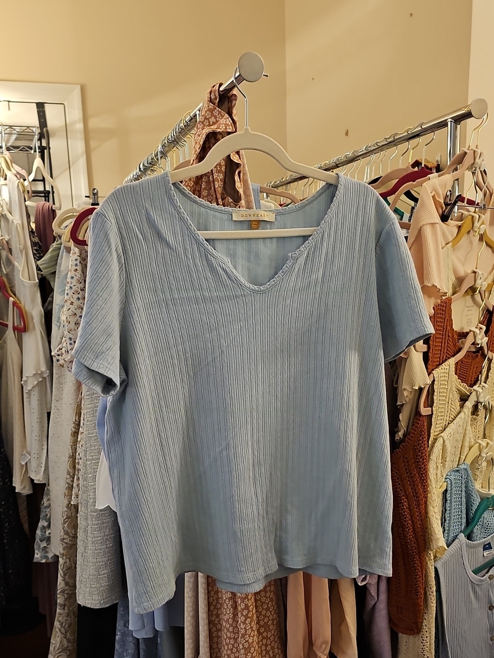 DownEast Light Blue Ribbed V-Neck Short Sleeve Top